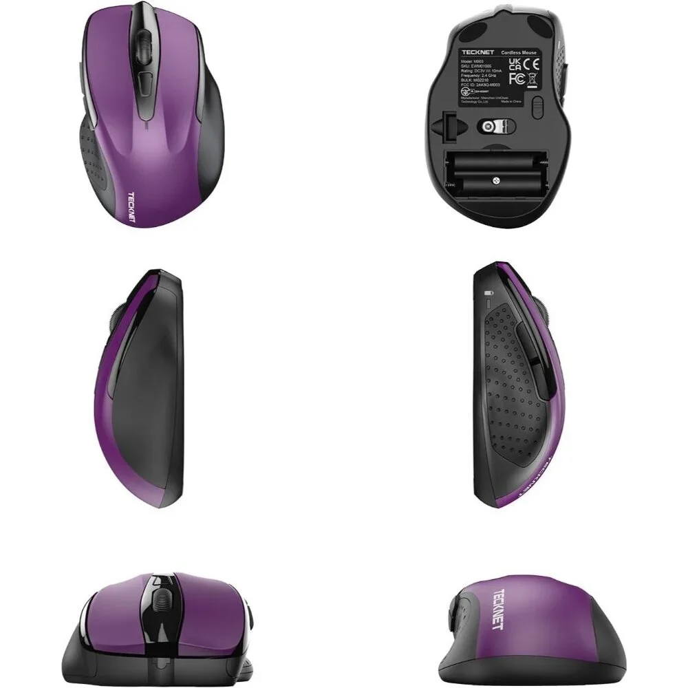 Purple TECKNET Ergonomic Wireless Mouse Adjustable 2600 DPI 6 Buttons NIB